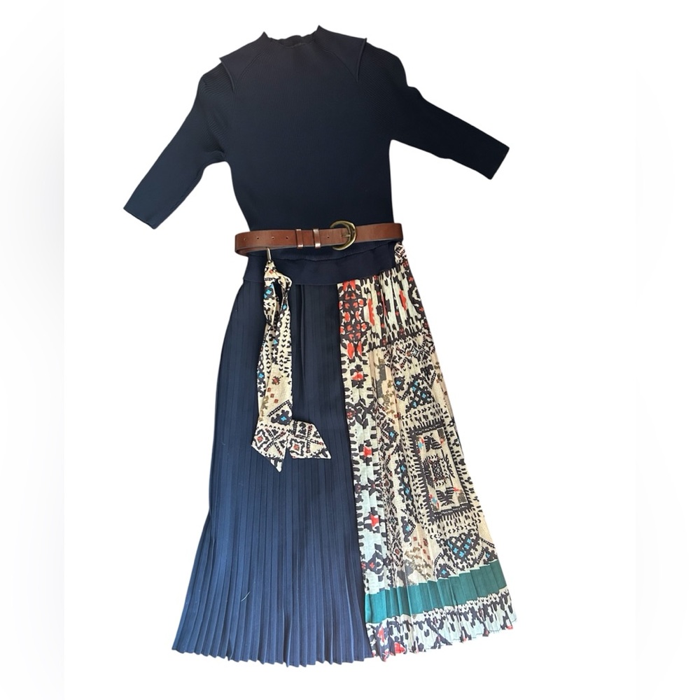 Maje Navy and Patterned Dress with Belt/Scarf Size 1 (Women’s XS)